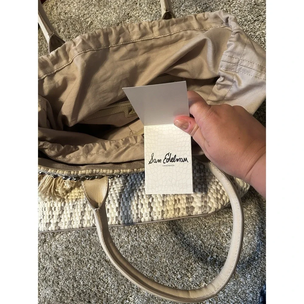 Sam Edelman Tori Tote Ivory Sequin Bag Beachy Boho Woven Drawstring Closure - Picture 7 of 11